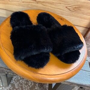 Black Faux Fur Plush Slide Slippers Super Soft House Shoes Size 9-10